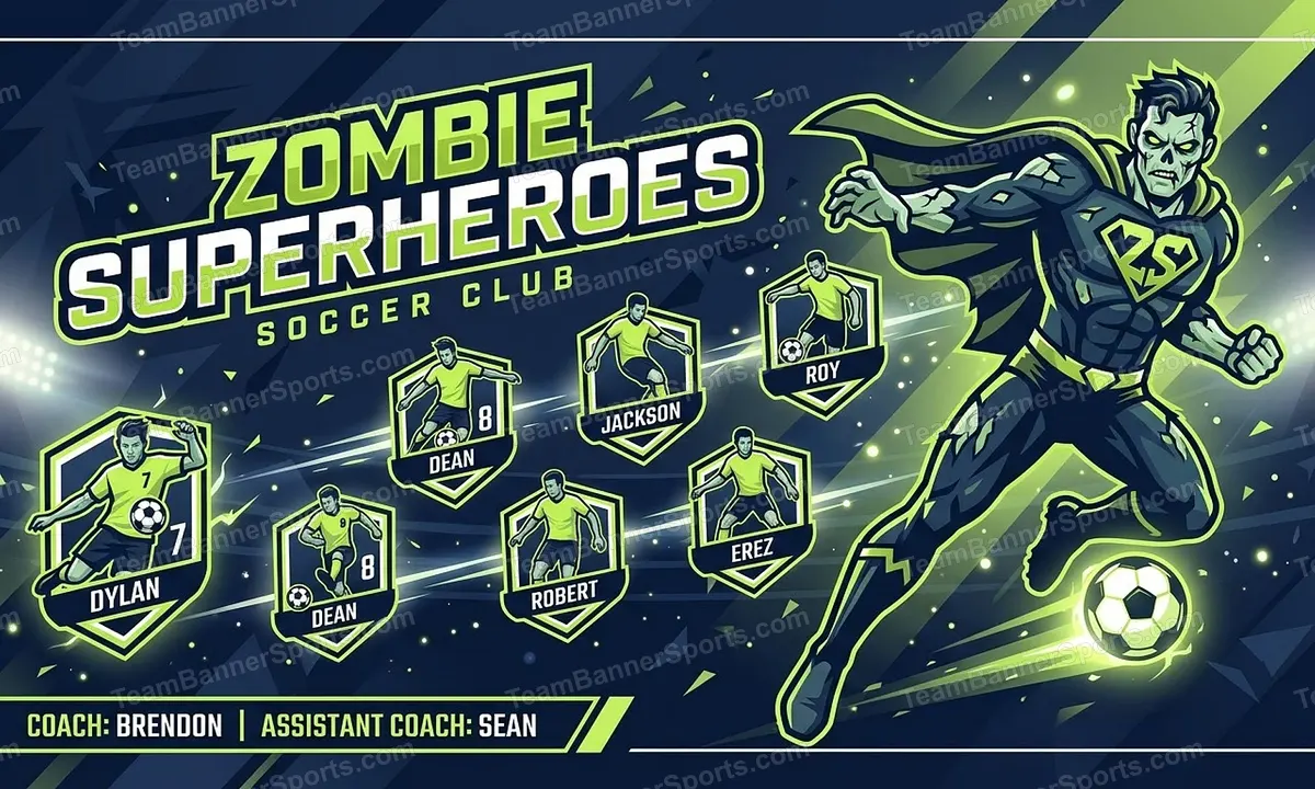 Zombie Superheroes soccer team banner created with AI