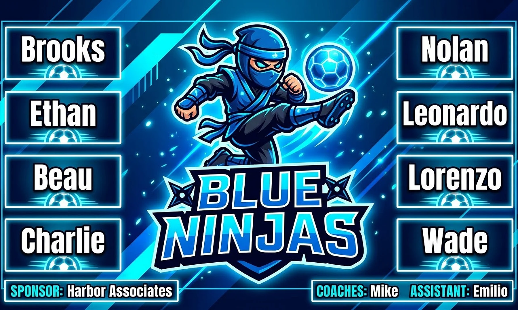 Blue Ninjas soccer team banner created with AI