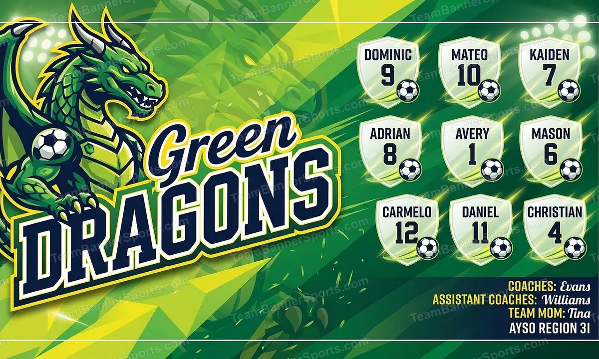 Green DRAGONS soccer team banner created with AI