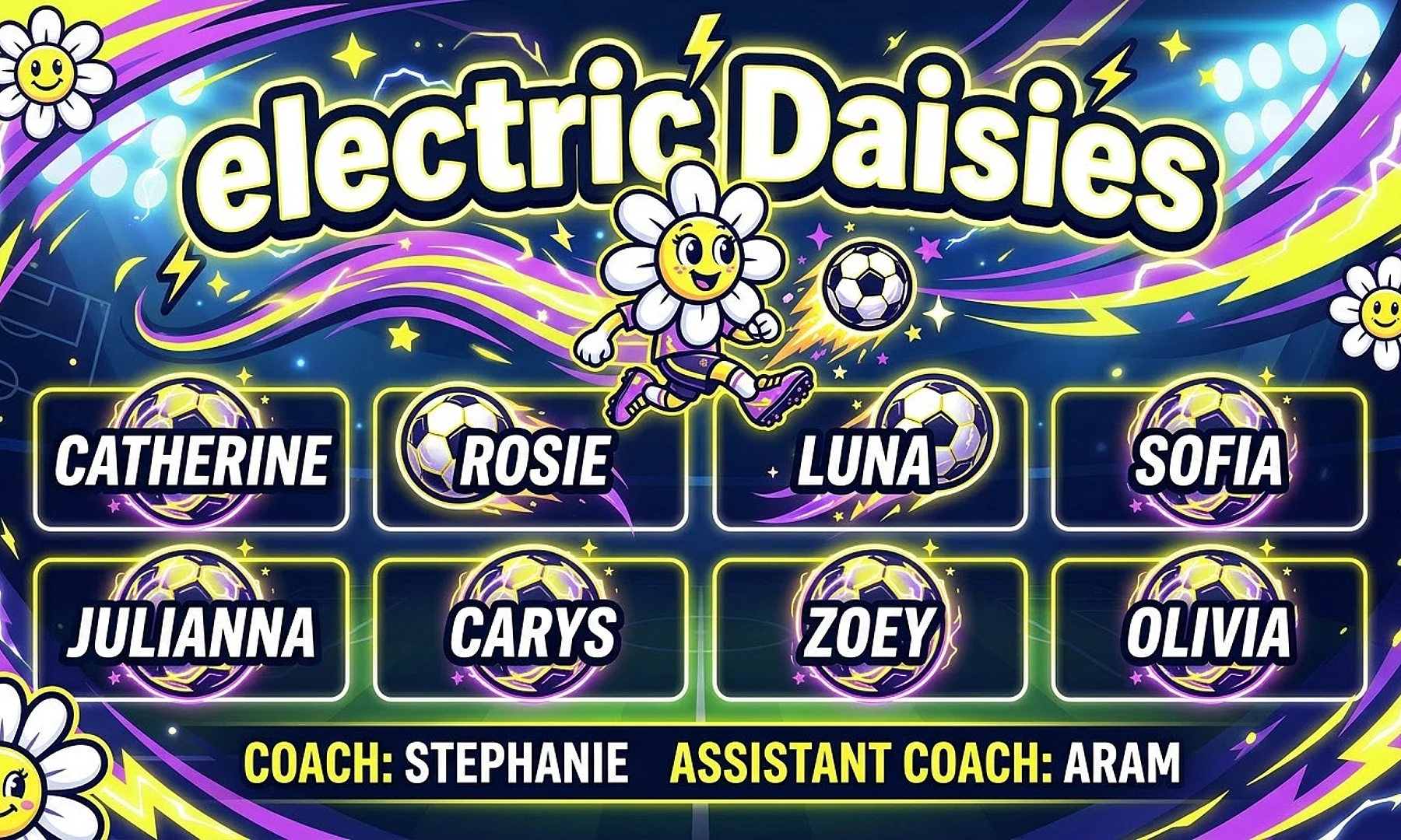 electric Daisies soccer team banner created with AI