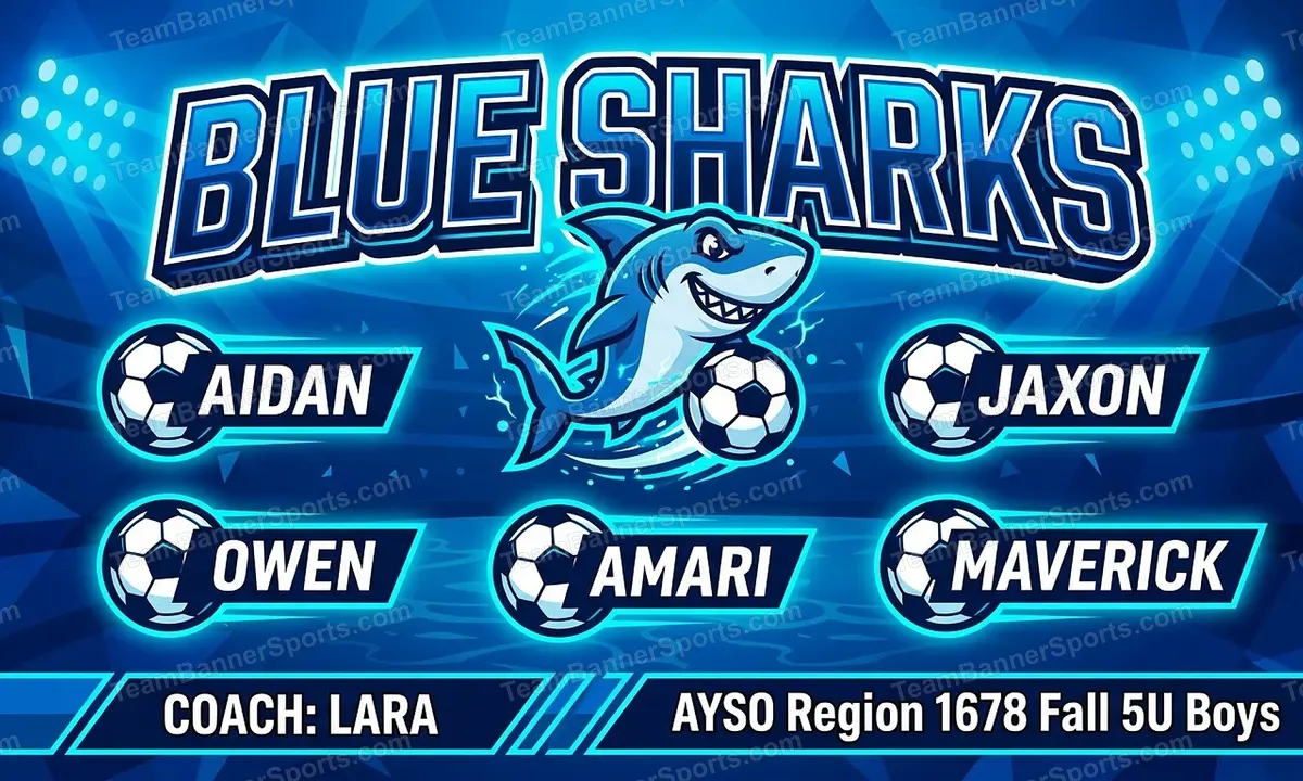 Blue Sharks soccer team banner created with AI