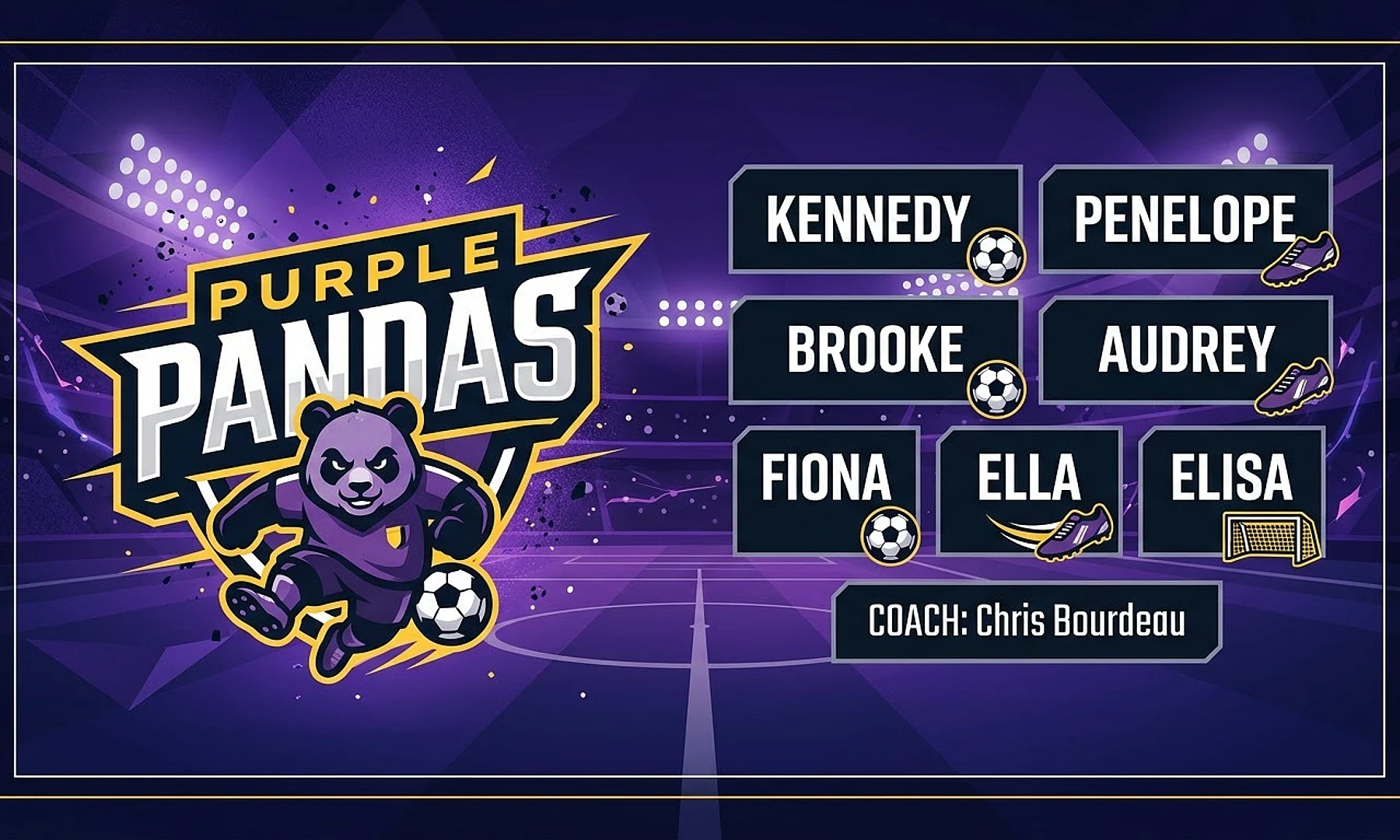 Purple pandas soccer team banner created with AI