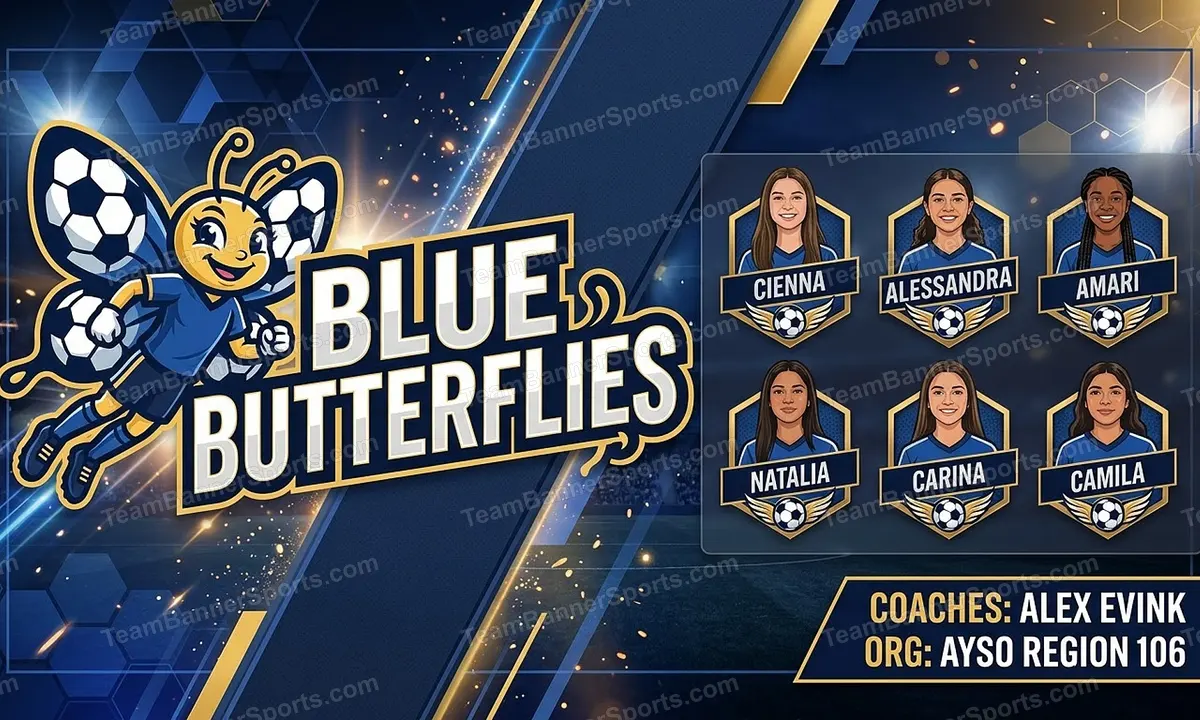 Blue Butterflies soccer team banner created with AI