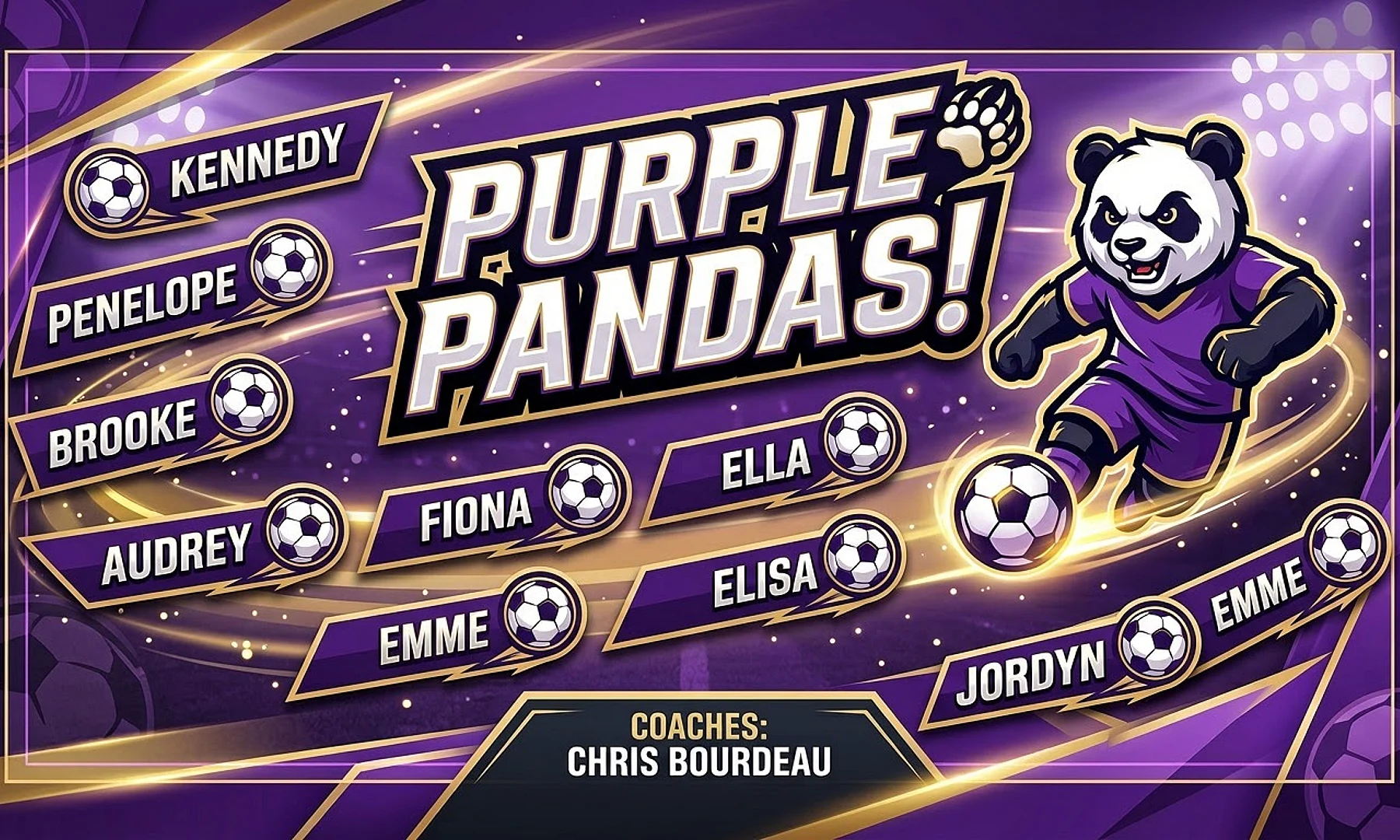 Purple Pandas! soccer team banner created with AI