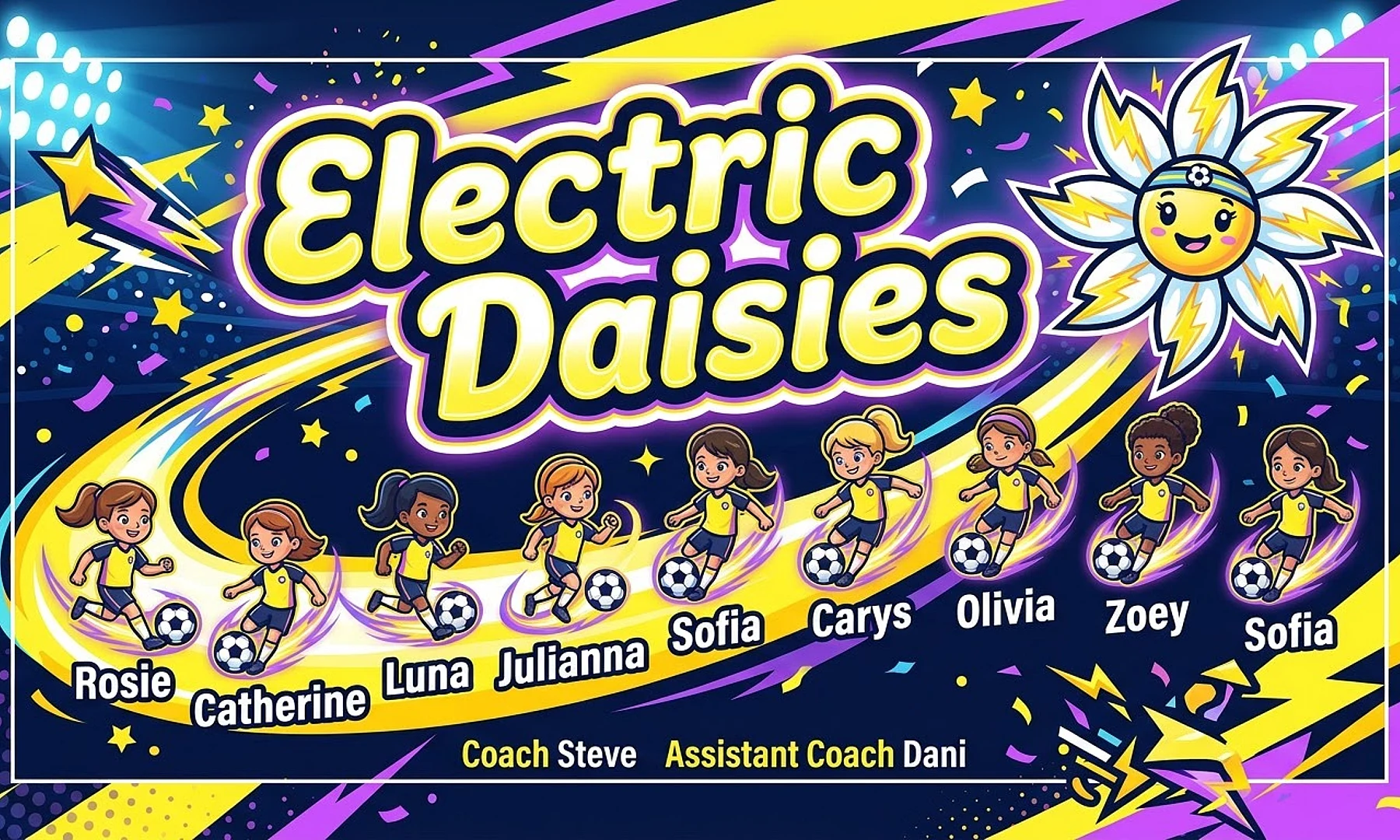Electric Daisies soccer team banner created with AI