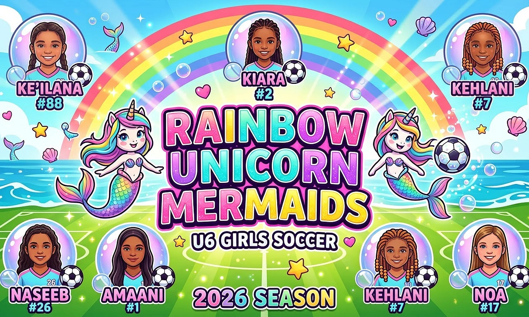 Rainbow Unicorn Mermaids soccer team banner created with AI