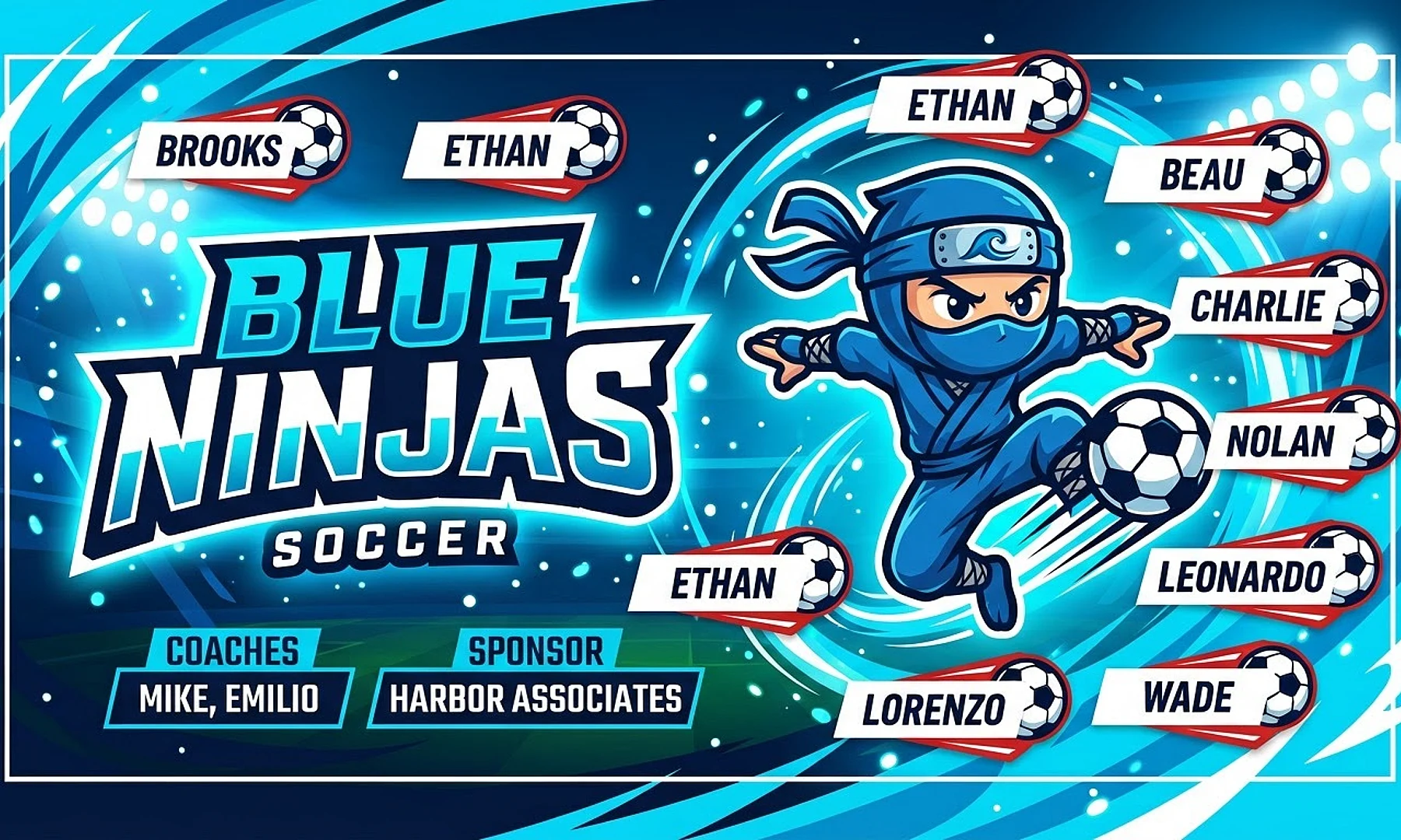Blue Ninjas soccer team banner created with AI
