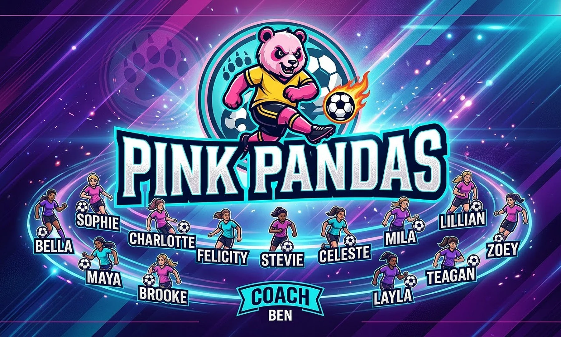 Pink Pandas soccer team banner created with AI