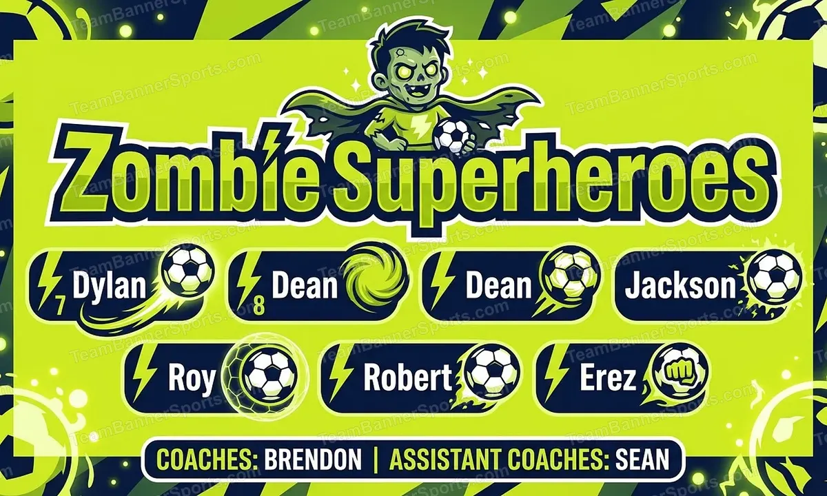 Zombie Superheroes soccer team banner created with AI