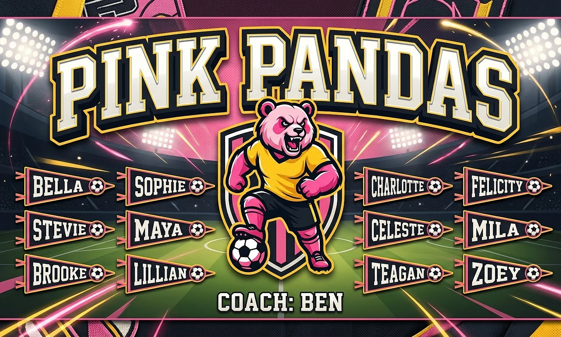 Pink Pandas soccer team banner created with AI
