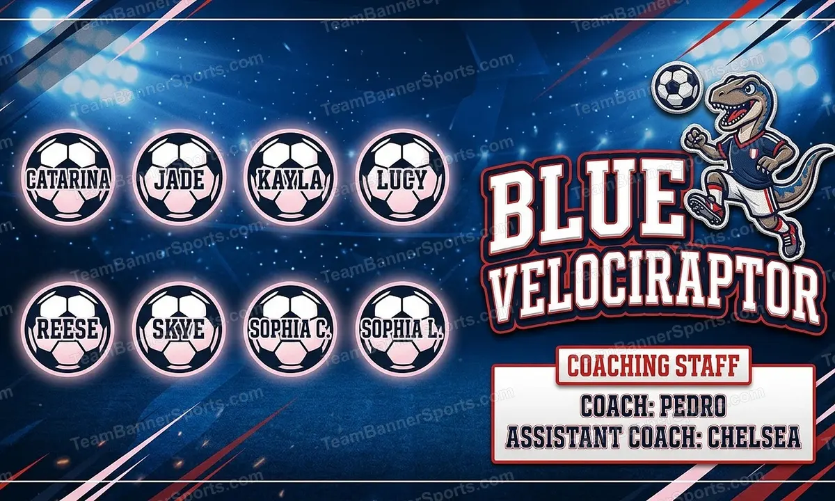 Blue Velociraptor soccer team banner created with AI