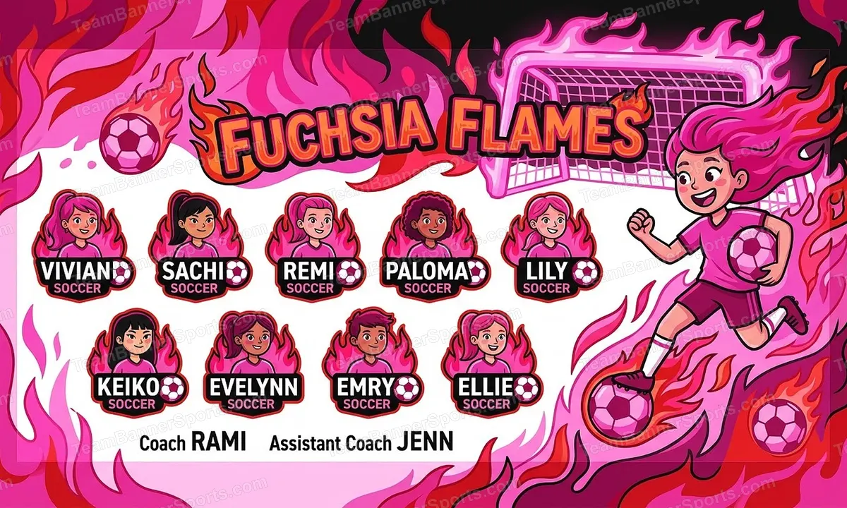 Fuchsia Flames soccer team banner created with AI