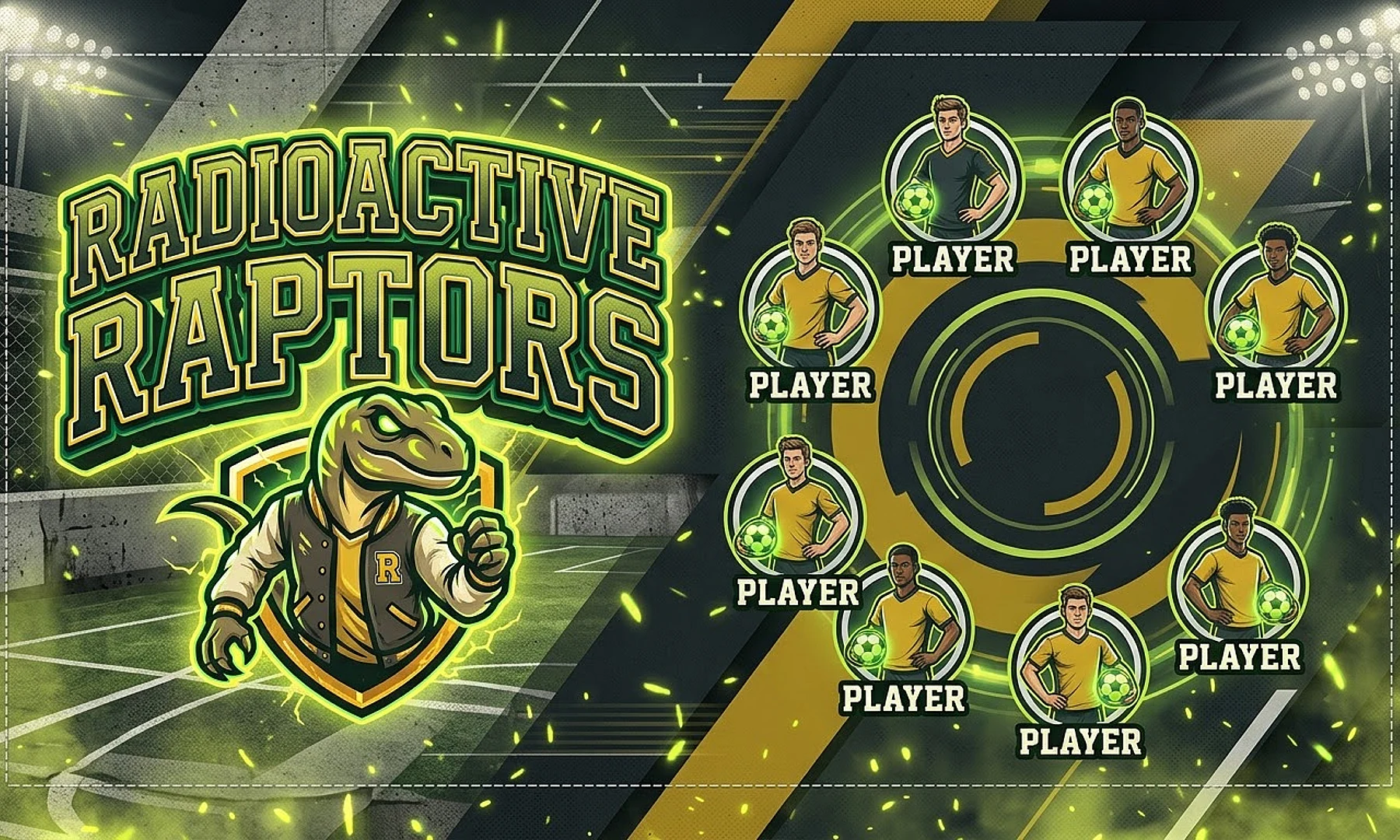 Radioactive Raptors soccer team banner created with AI