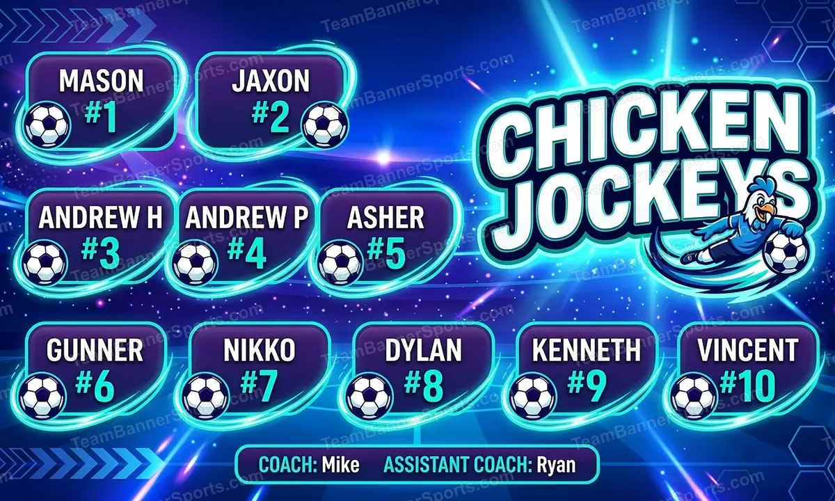 Chicken Jockeys soccer team banner created with AI