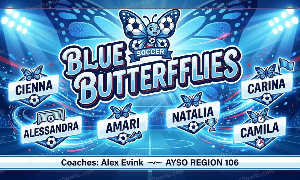 Blue Butterflies soccer team banner created with AI