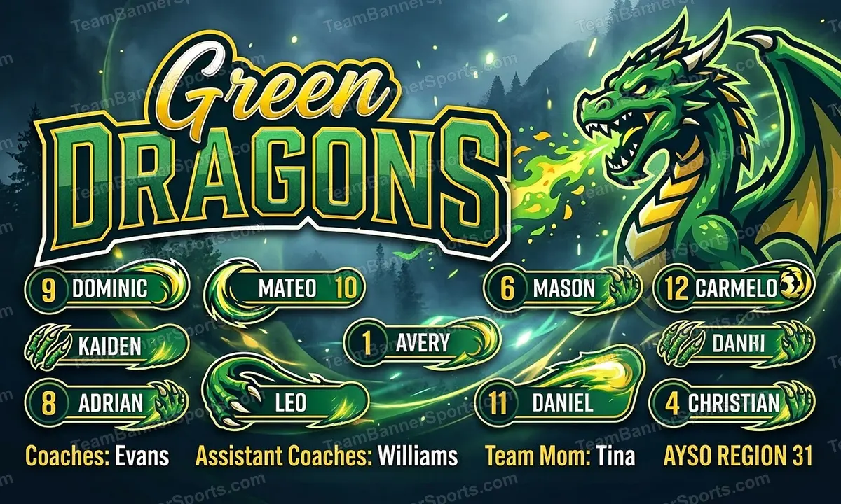 Green DRAGONS soccer team banner created with AI