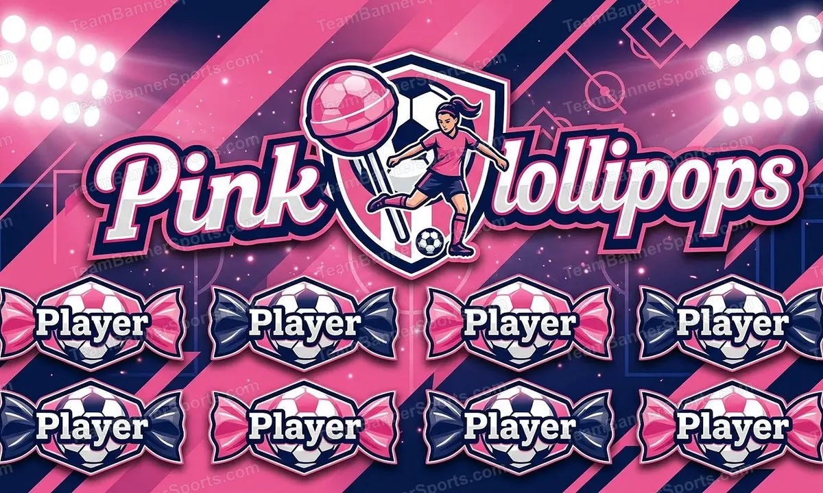 Pink lollipops soccer team banner created with AI