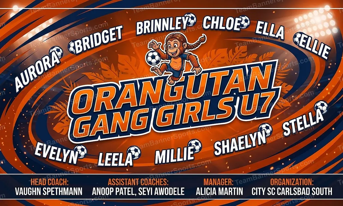Orangutan Gang Girls U7 soccer team banner created with AI