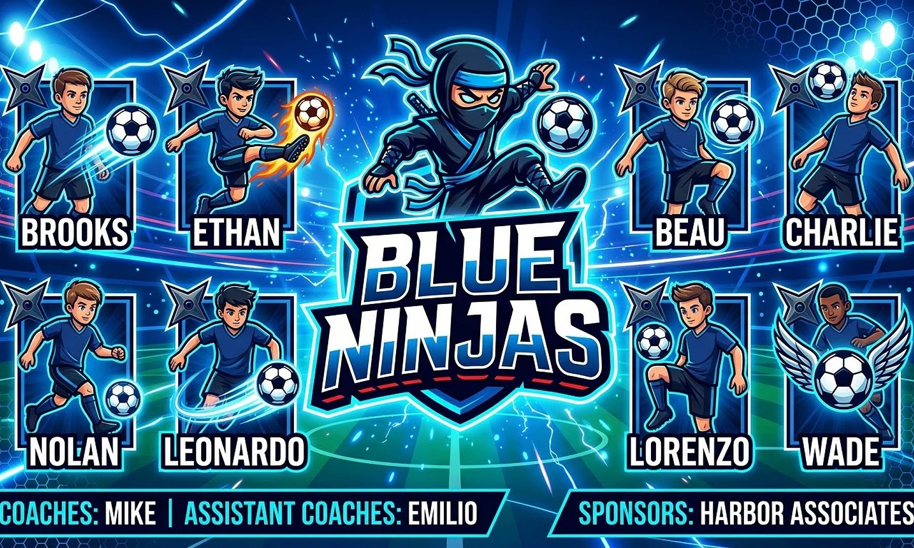 Blue Ninjas soccer team banner created with AI