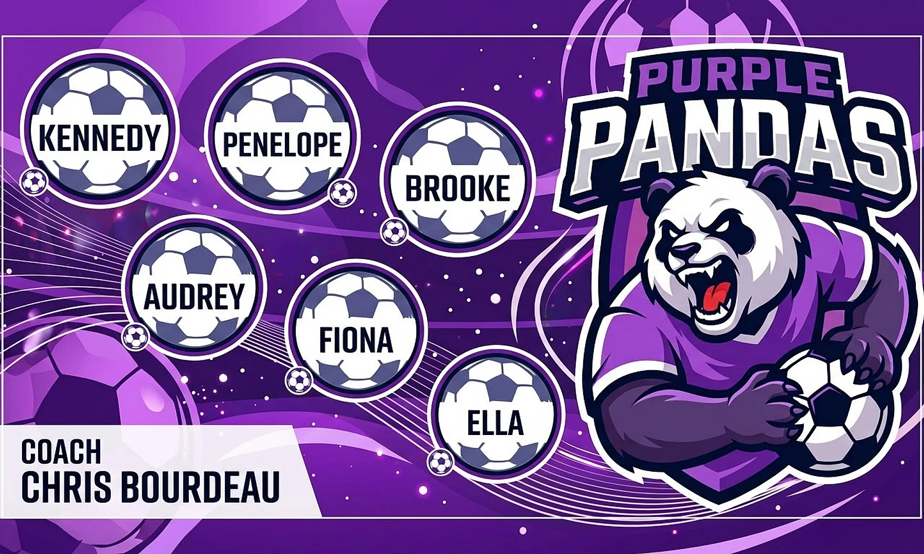 Purple pandas soccer team banner created with AI