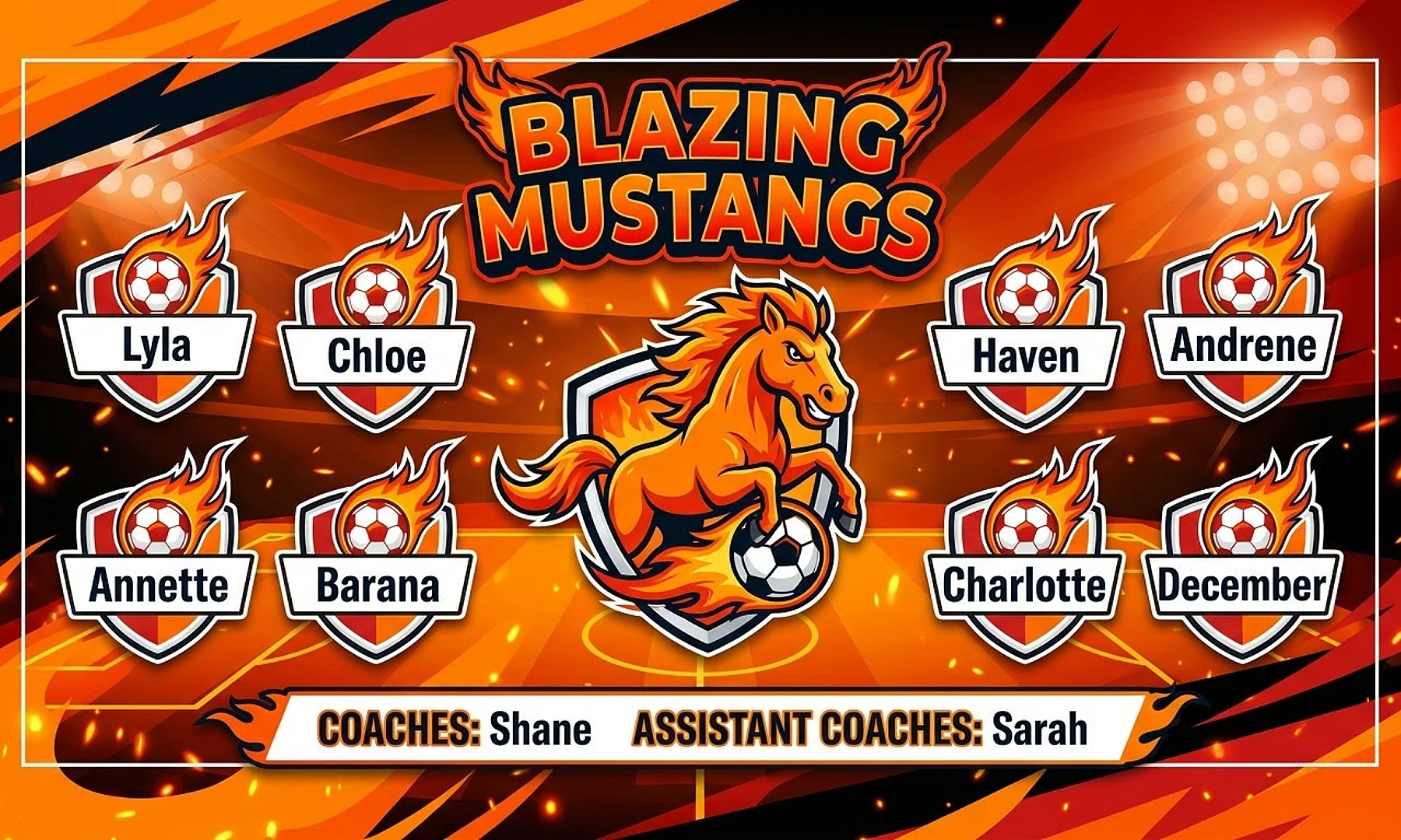 Blazing Mustangs soccer team banner created with AI