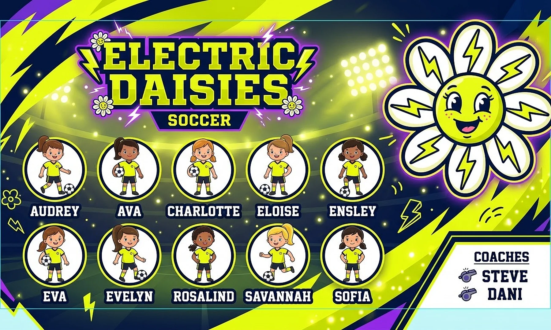 electric Daisies soccer team banner created with AI