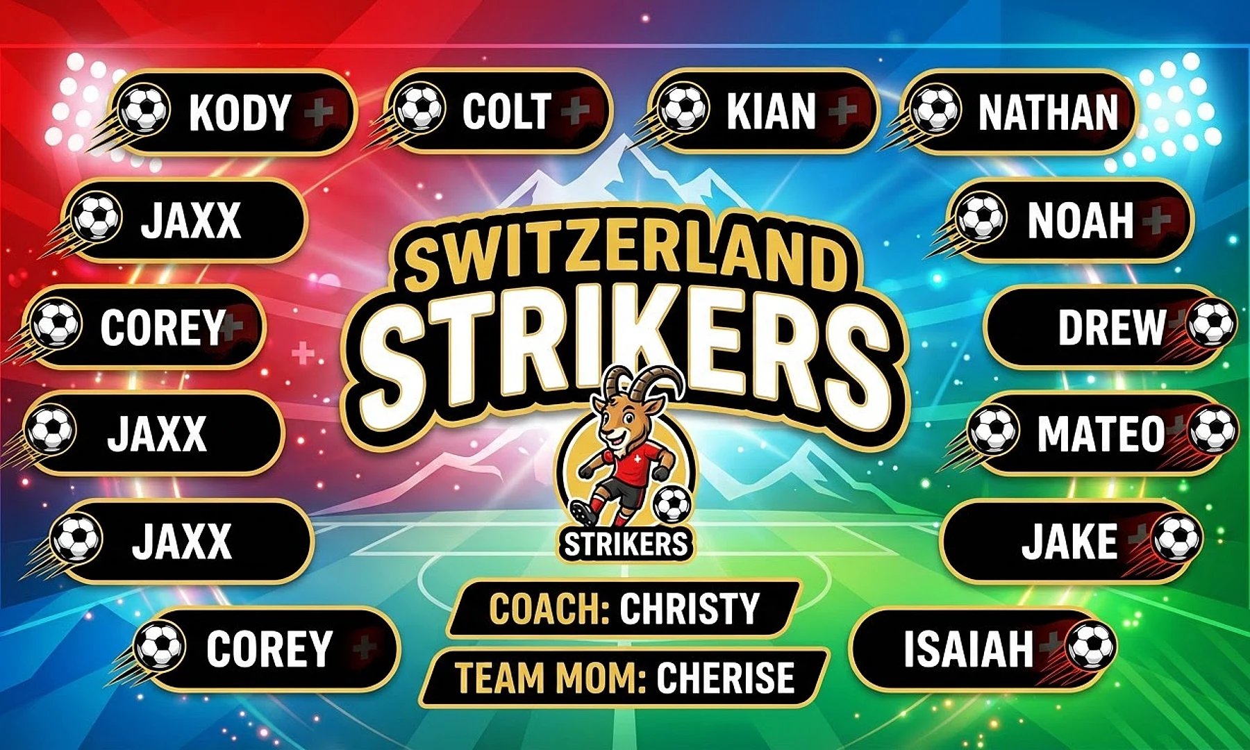 Switzerland Strikers soccer team banner created with AI