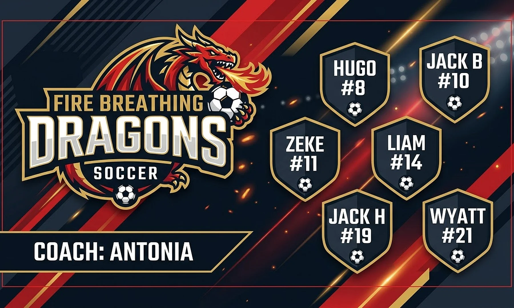 Fire breathing dragons soccer team banner created with AI