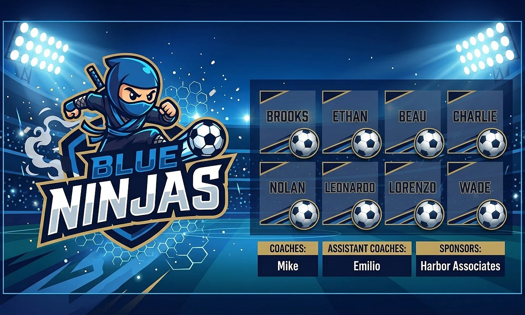Blue Ninjas soccer team banner created with AI
