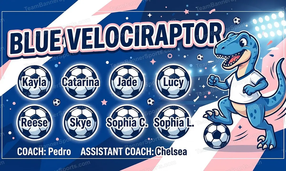 Blue Velociraptor soccer team banner created with AI