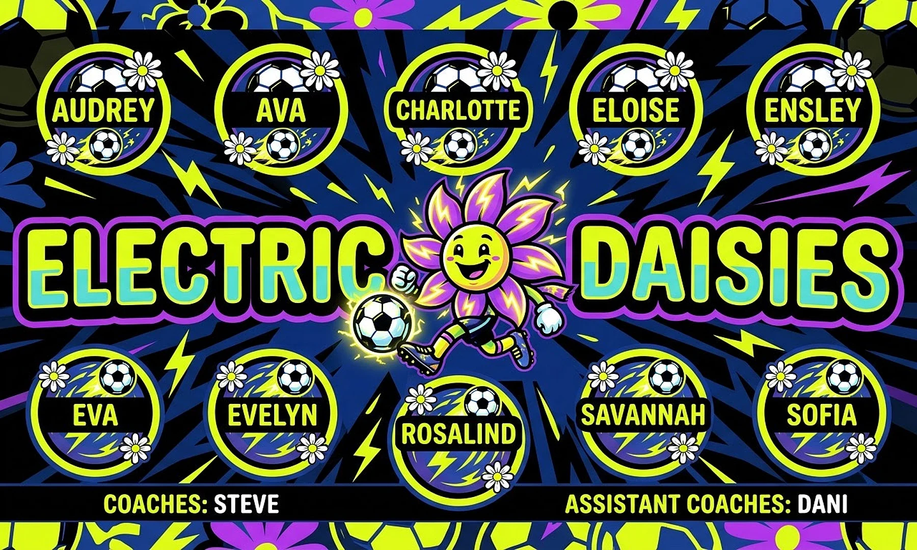 electric Daisies soccer team banner created with AI