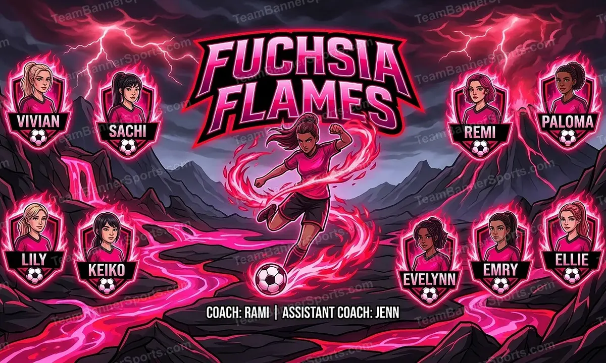Fuchsia Flames soccer team banner created with AI