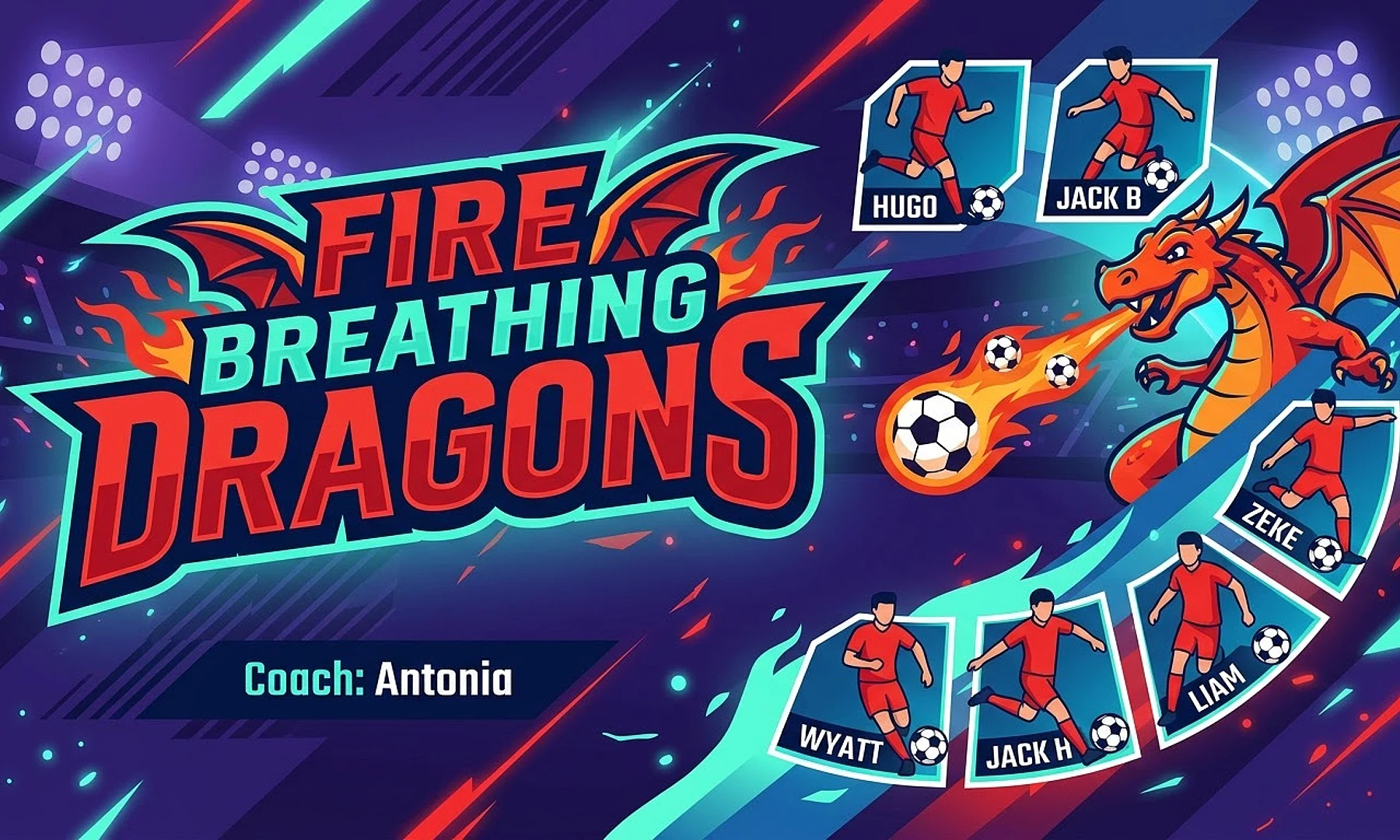 Fire breathing dragons soccer team banner created with AI
