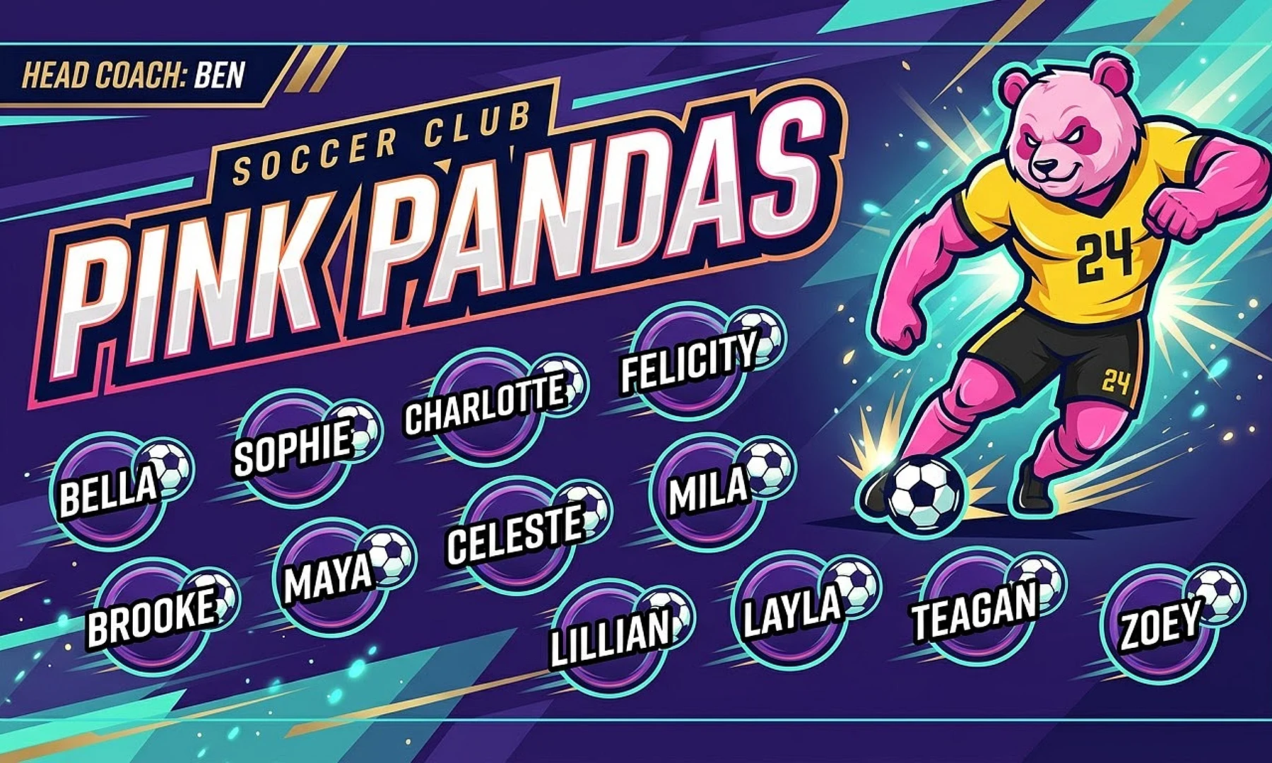Pink Pandas soccer team banner created with AI
