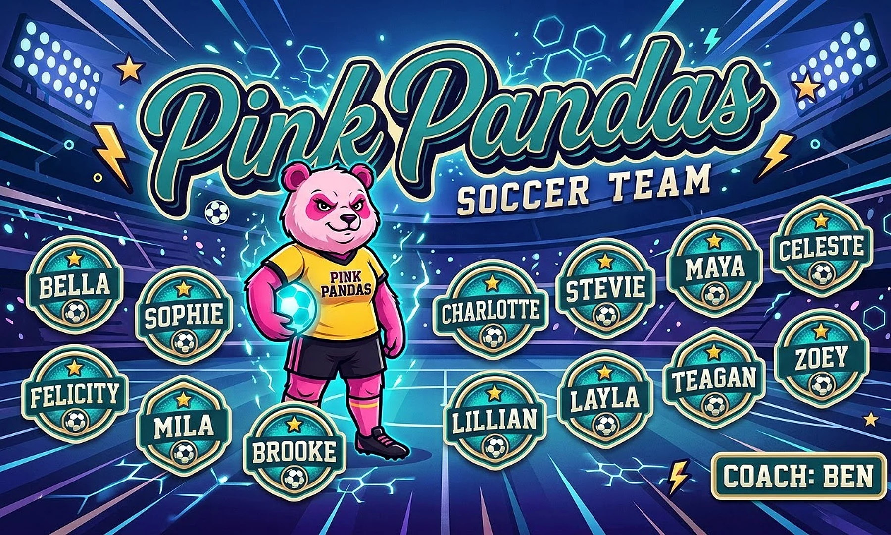 Pink Pandas soccer team banner created with AI