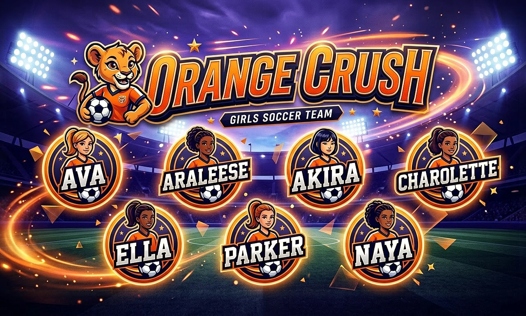 ORANGE CRUSH soccer team banner created with AI