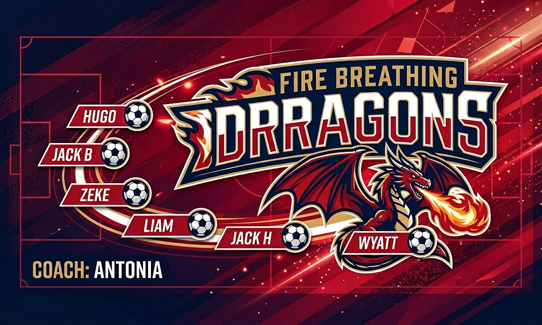 Fire breathing dragons soccer team banner created with AI