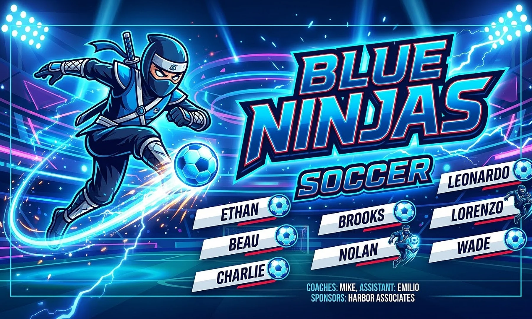 Blue Ninjas soccer team banner created with AI