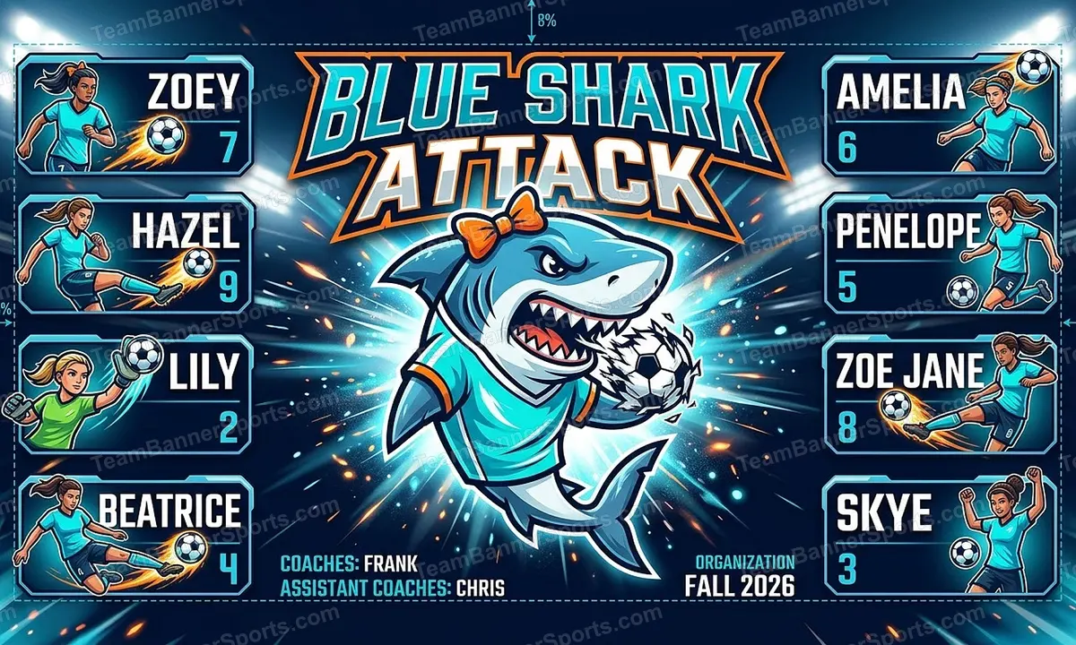 Blue Shark Attack soccer team banner created with AI