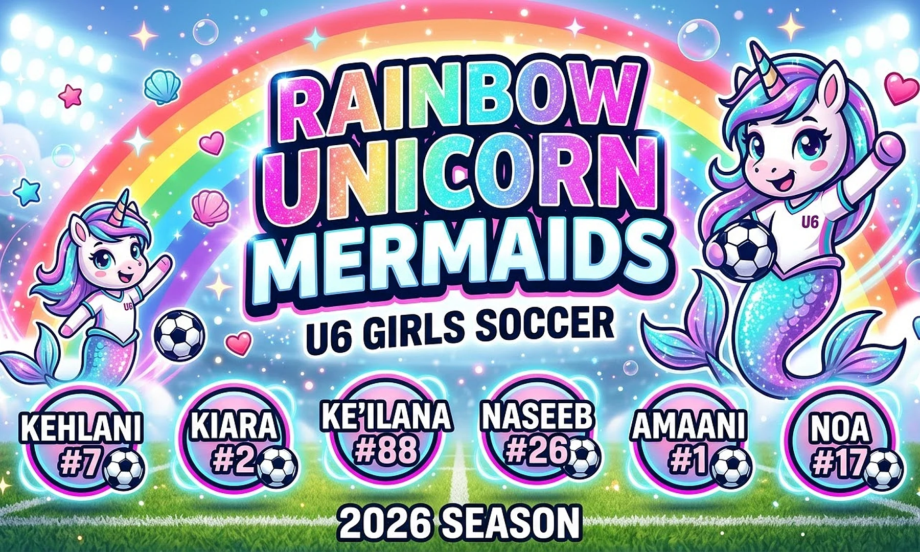 Rainbow Unicorn Mermaids soccer team banner created with AI