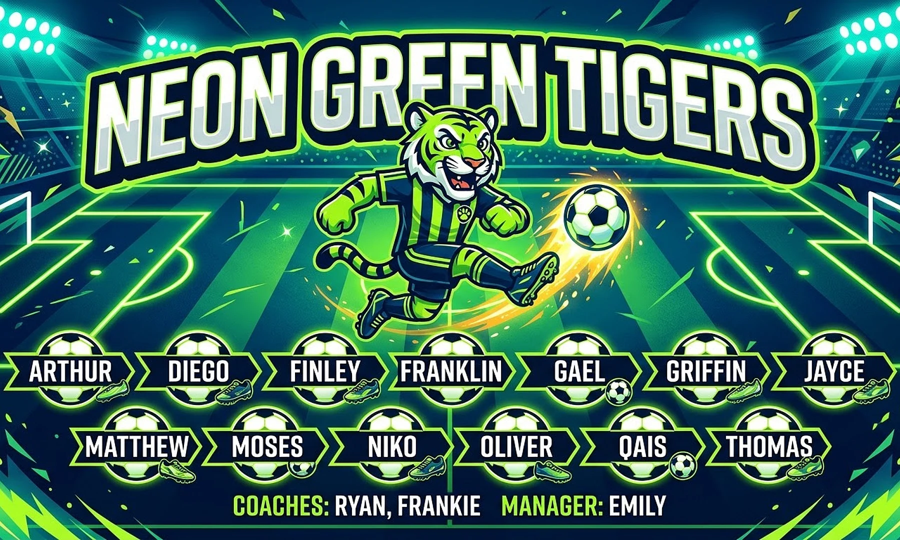 Neon Green Tigers soccer team banner created with AI