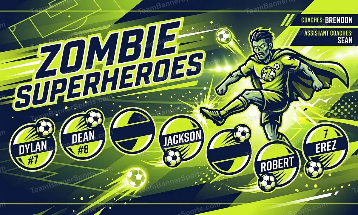 Zombie Superheroes soccer team banner created with AI