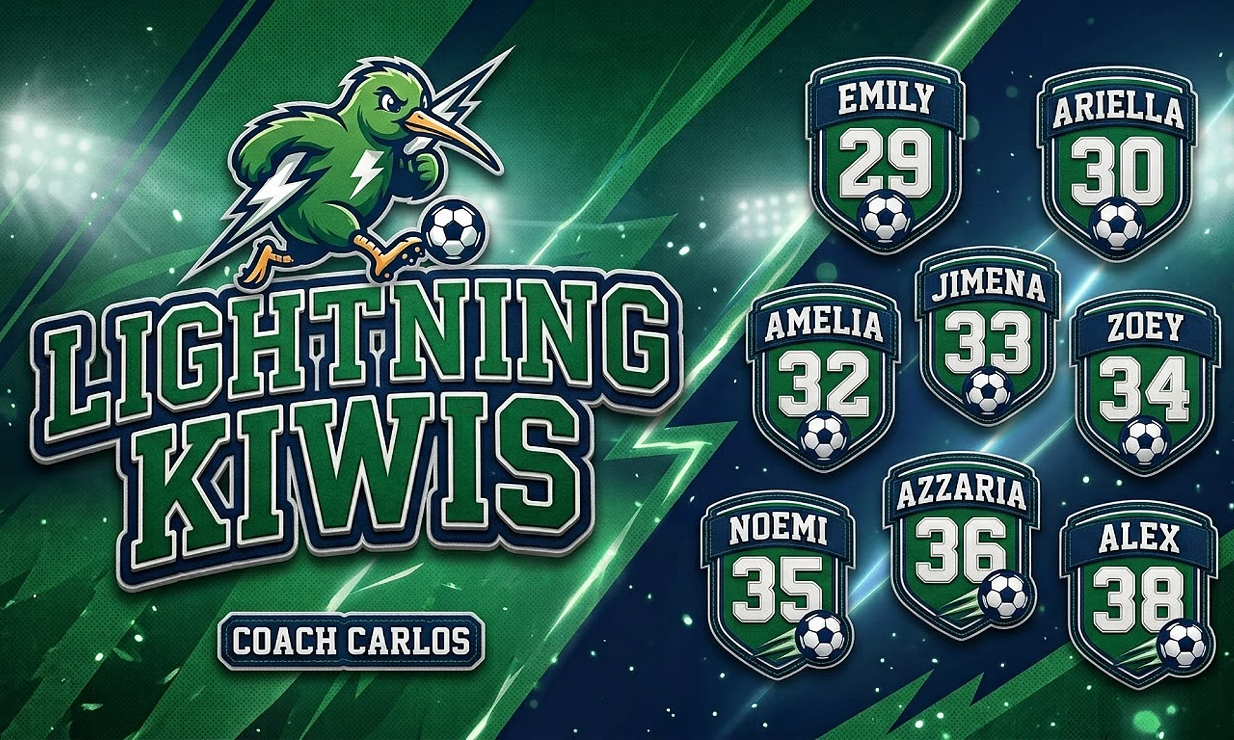 Lightning Kiwis soccer team banner created with AI