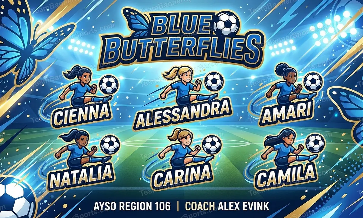 Blue Butterflies soccer team banner created with AI