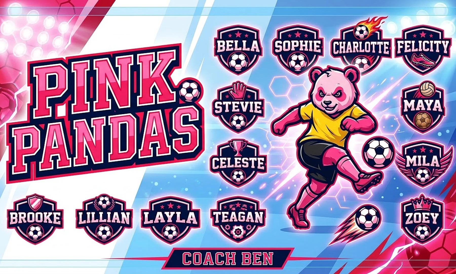 Pink Pandas soccer team banner created with AI