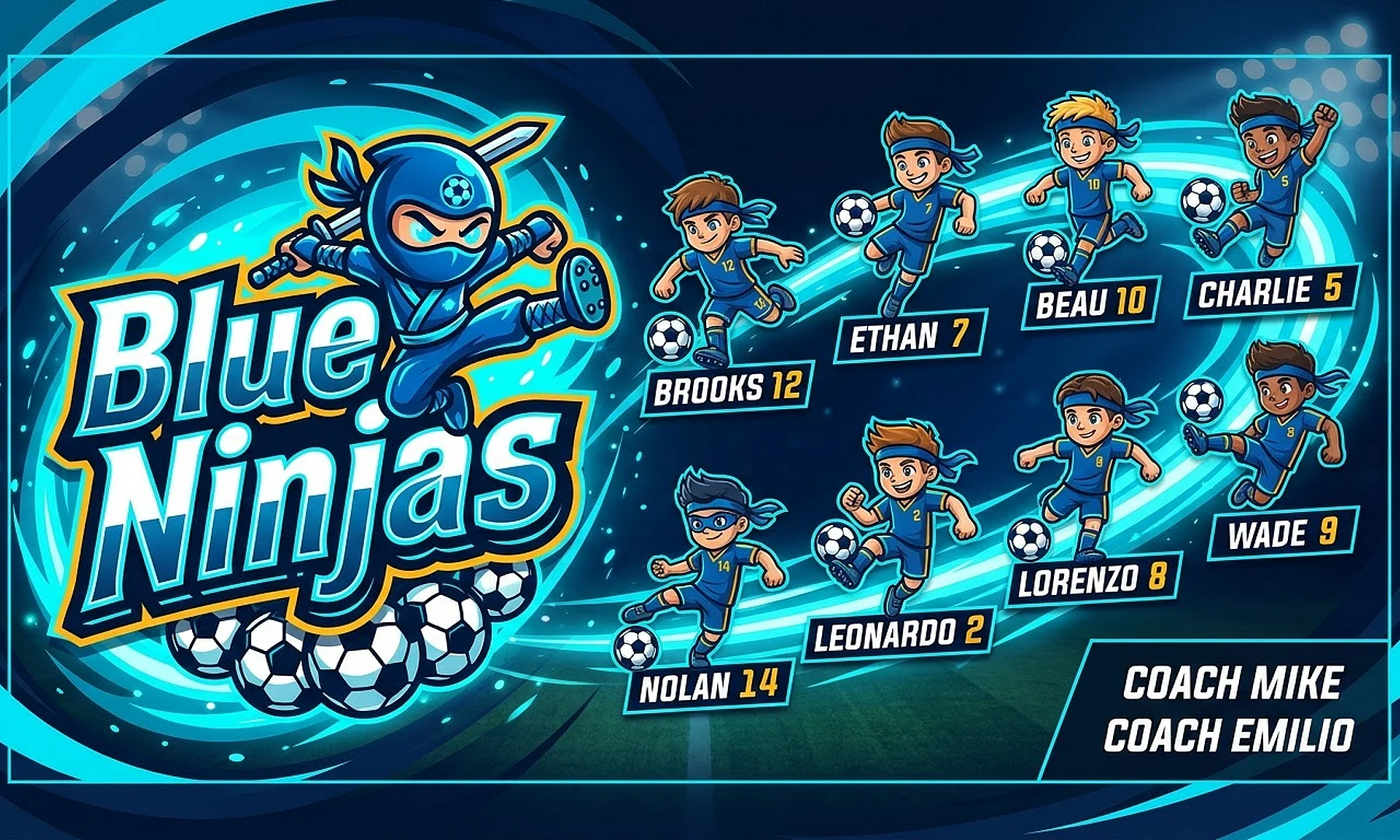 Blue Ninjas soccer team banner created with AI