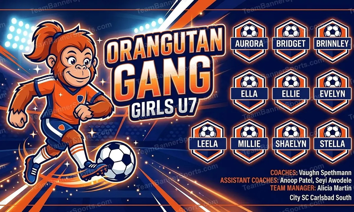 Orangutan Gang Girls U7 soccer team banner created with AI