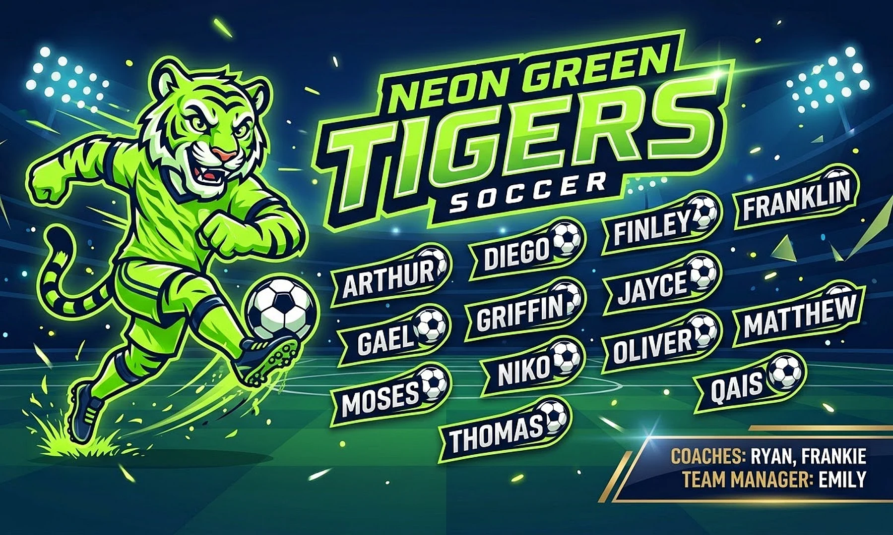 Neon Green Tigers soccer team banner created with AI