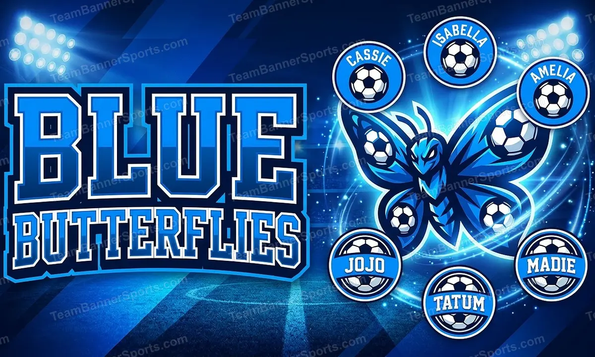 Blue butterflies soccer team banner created with AI