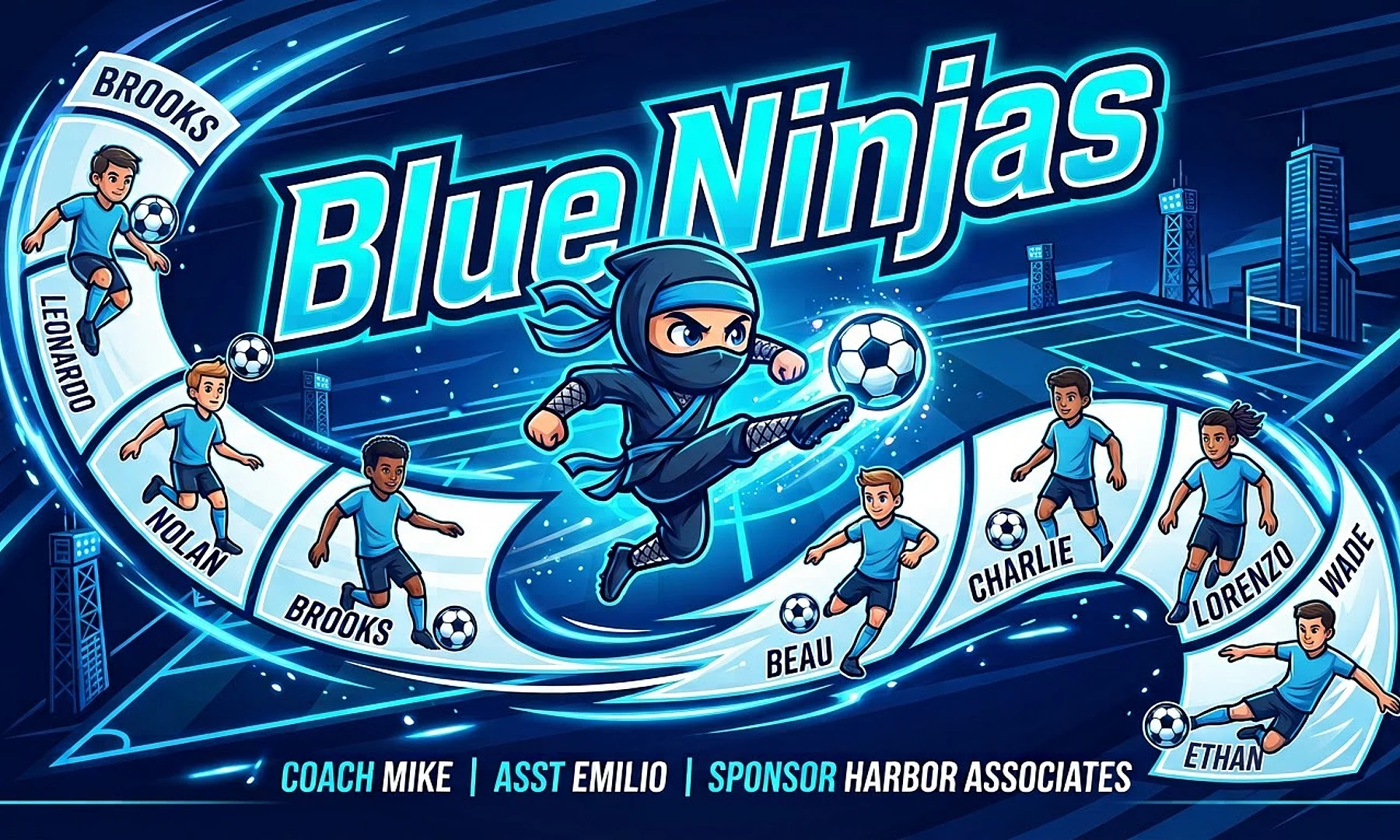 Blue Ninjas soccer team banner created with AI